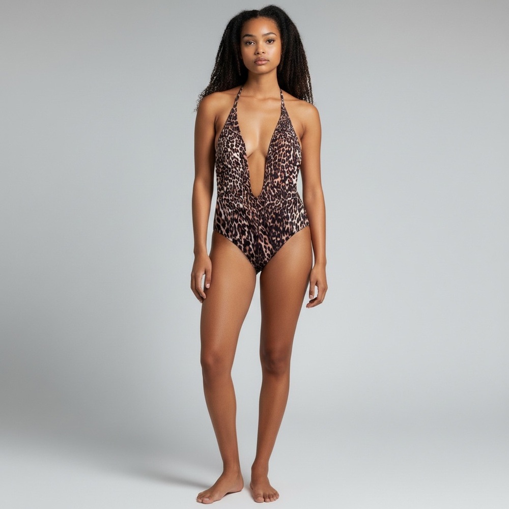 Leopard Print Halter Plunge One-Piece Swimsuit Size Small